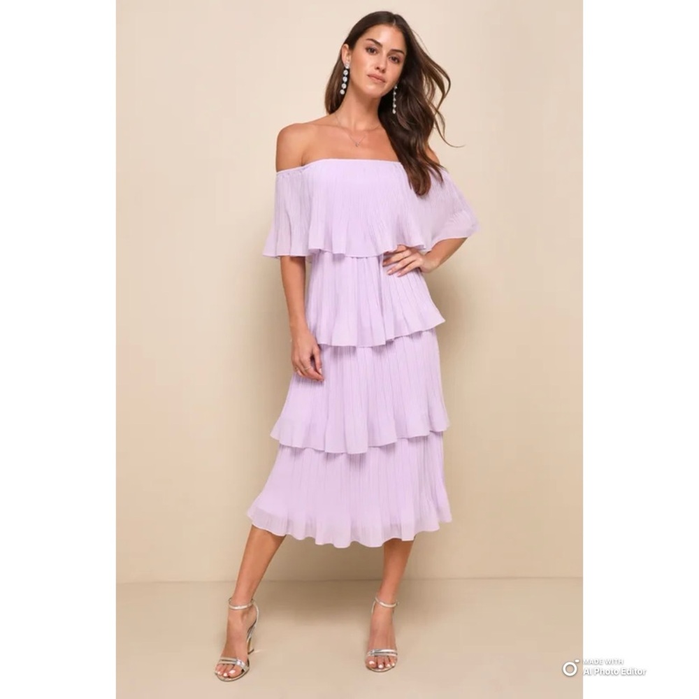 Lulu's Lilac Off-Shoulder Tiered Midi Dress